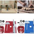 Ridiculously Solid Aluminum Router Table Insert Plate For Your Workshop Slick Sliding Surface Rust Resistant Replacement For Woodworking And Heavy Duty Carpentry Builds Red and Blue router table plates with accessories.