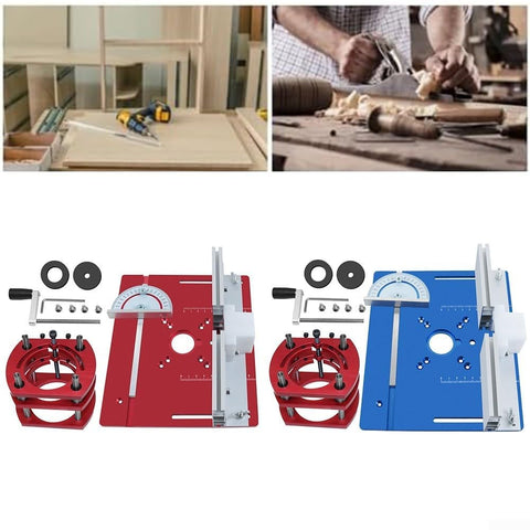 Ridiculously Solid Aluminum Router Table Insert Plate For Your Workshop Slick Sliding Surface Rust Resistant Replacement For Woodworking And Heavy Duty Carpentry Builds Red and Blue router table plates with accessories.