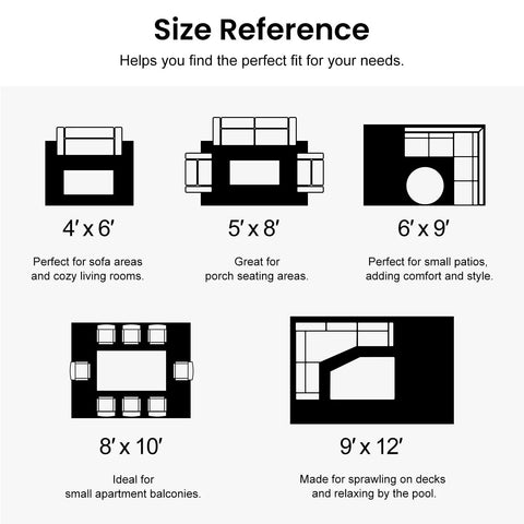 Size reference guide for waterproof outdoor rug 5x8 ft reversible plastic straw pattern patio camping mat
