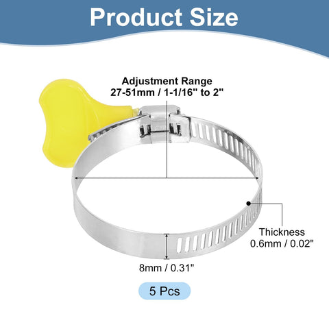Beefy Stainless Steel Hose Clamps With Worm Gear And Thumb Screw, 27 To 51 mm Range, 8 mm Bandwidth, 1.0625 To 2 Inches, Adjustable Clamps