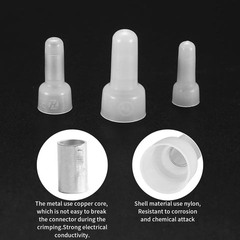 Front view: three translucent nylon insulated closed-end crimp connectors (CE1, CE2, CE5) for 22–16/16–14/12–10 AWG.