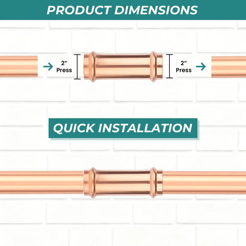40 Pack 2 Inch X 2 Inch Copper Press Extended Couplings Straight Up Plug And Lead Free Pipe Fittings Zero Sweat Installations shown with dimensions.