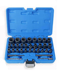 Top Tier 33 Piece Broken Bolt Extractor Set With Spiral Socket Nut Remover Kit For Cars And Trucks, CR-MO Steel Gear To Fix Rusty Bolts Fast In Your Garage Shop Or Workshop. Blue case with 33 black spiral socket extractors