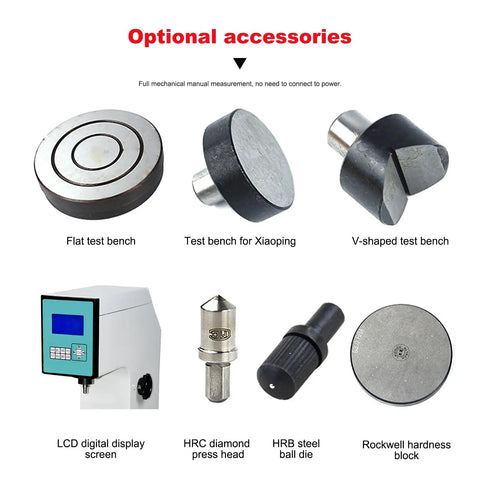 Optional accessories for Heavy Duty Digital Rockwell Hardness Tester For Plastic Testing include test benches and components.