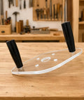 Clear Acrylic Router Base Plate With Reinforced Dual Handles For Compact Routers Rock Solid Stability And Smooth Sailing Cuts For Fine Woodworking Enthusiasts Knockout Clarity on a wooden workbench.