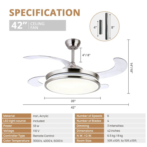 Specification diagram of 42 Inch Retractable Bladeless LED Ceiling Fan With Remote Control showing dimensions and materials.