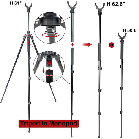 All Terrain 3 In 1 Adjustable Rifle Shooting Tripod Monopod And Bipod with Level Lock shown at various heights
