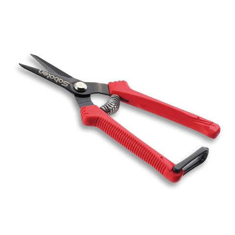 Ultra Lightweight Micro Tip Harvesting Snips for Herbs Flowers Veggies with red handles, HRC60 steel blades, and spring action.