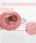 Five Pack Heavy Duty Silicone Hair Catcher Drain Stopper For Shower Tub Kitchen Sink reusable strainer in hand with hair caught.
