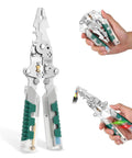 All In One 18 In 1 Foldable Wire Stripper With Voltage Detector For Cutting And Pulling Wires, shown in hand and open position