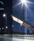 300W Dimmable LED Parking Lot Light With Slip Fitter, 5000K, 42000 Lumens, dusk lighting over empty road