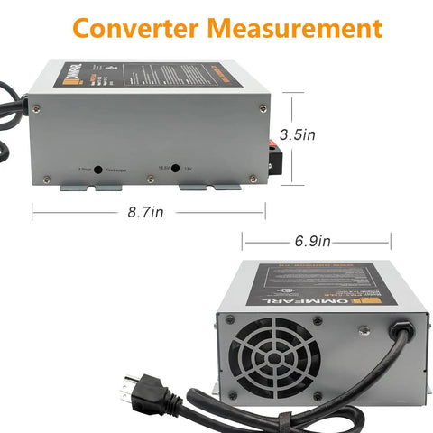 Reliable Serious Juice 55 Amp 120V To 12V DC Power Converter With Built In Three Stage Smart Battery Charger dimensions and ports.