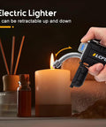 Dual Arc USB Rechargeable Plasma Lighter With LED Battery Indicator being used to light a candle, flexible neck visible.