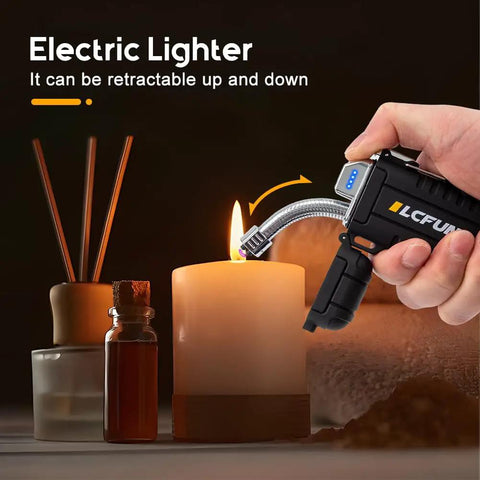 Dual Arc USB Rechargeable Plasma Lighter With LED Battery Indicator being used to light a candle, flexible neck visible.