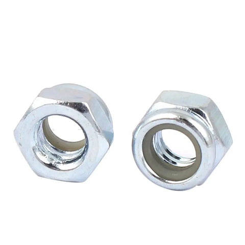 3 16 Inch 24 Thread Zinc Coated Hex Lock Nuts With Nylon Insert 100 Pack showing two nuts designed for heavy-duty auto repairs.
