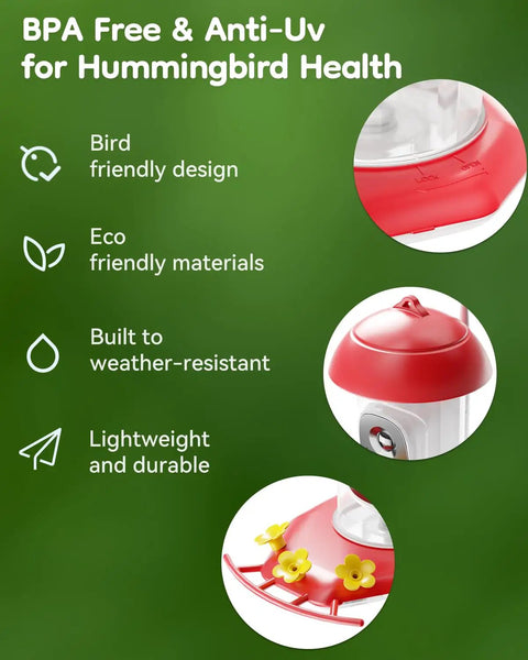 Image of BPA-free, red Hummingbird Feeder With Camera For Outdoors Solar Powered 2K Live Video AI Bird ID Ant Guard Base Bee Proof With 3 Feeding Ports Smart Bird Watching Gift, highlighting eco-friendly design.