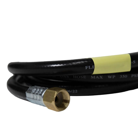 Close-up of 5 Foot Propane Hose Extension with High Pressure 1/4 Inch Female Pipe Thread to 1/4 Inch Male Pipe Thread Brass Fittings