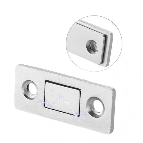 Close-up of Ultra Thin Magnetic Cabinet Door Catch Kit 12 Pack 0.06 Inch Heavy Duty Steel Magnets showing adhesive and screw holes.