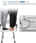 Two people standing on a shower chair with an aluminum frame, demonstrating weight capacity of 330 lbs.