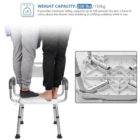 Two people standing on a shower chair with an aluminum frame, demonstrating weight capacity of 330 lbs.