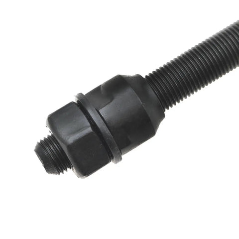 Close-up of Heavy Duty 175mm Three Eighths Inch Bike Axle For Rear Hub Replacement with conical lock nut, black steel material.