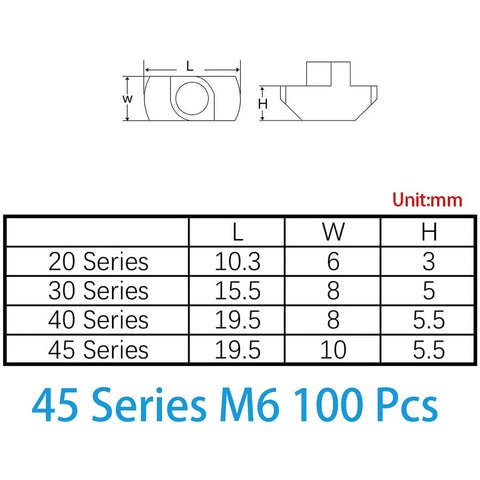 Technical drawing of 45 Series M6 T Slot Hammer Head Fasteners dimensions and sizes, 100 Pcs Nickel Plated.