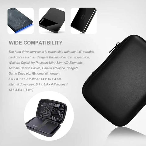 Badass Rugged Hard Drive Case For Portable SSD And HDD Universal Storage Organizer Pouch shown with zipper and compatible drives inside.