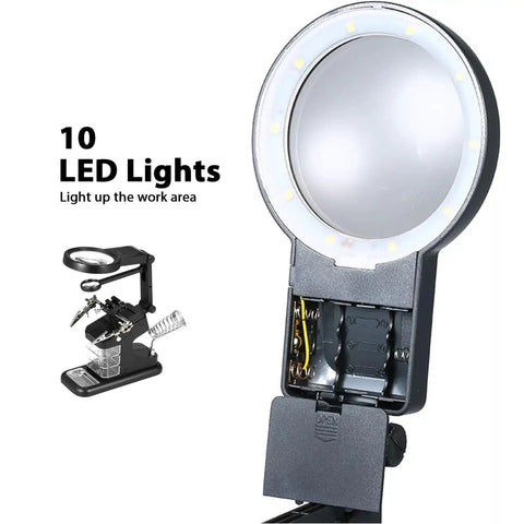 LED Magnifying Lamp With USB Power For Soldering And Electronics Repair, featuring 10 LED lights and clamp for table mount.