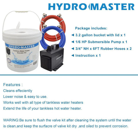Tankless Water Heater Flush Kit With Submersible Pump, 3.2 Gallon Pail With Screw Top Lid, Two Three Quarter Inch GHT Hoses