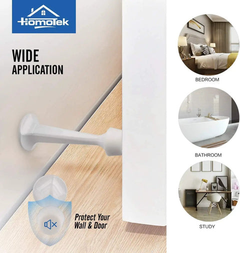 Hefty Zinc Die Cast Door Stops Four Pack With Soft Rubber Buffers Knockout Drywall Defender on a wall near a wooden floor.