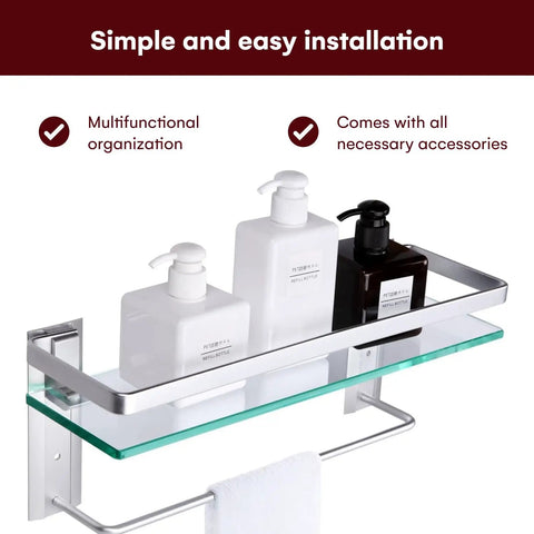 Glass Bathroom Shelf With Hand Towel Bar Wall Mounted Rectangular Storage Extra Thick Tempered Glass with bottles on top