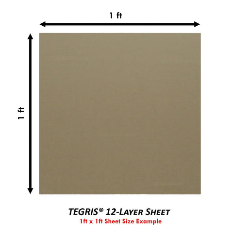12x12 inch coyote brown thermoplastic composite sheet, 12 layers at 0.060 thick, USA made, front view with dimensions