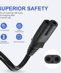 2 Prong 5Ft Power Cord For PlayStation And Xbox Consoles, Gamer Ready Replacement Cable, Compatible With PS5 PS4 PS4 Slim PS3 Slim Super Slim, Xbox Series S X, Xbox One S X, 18 AWG Figure 8 IEC320 C7 black power connector close-up