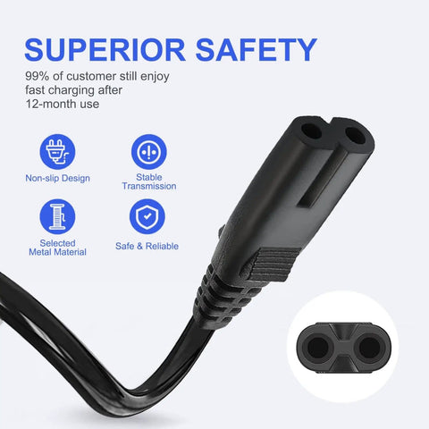 2 Prong 5Ft Power Cord For PlayStation And Xbox Consoles, Gamer Ready Replacement Cable, Compatible With PS5 PS4 PS4 Slim PS3 Slim Super Slim, Xbox Series S X, Xbox One S X, 18 AWG Figure 8 IEC320 C7 black power connector close-up