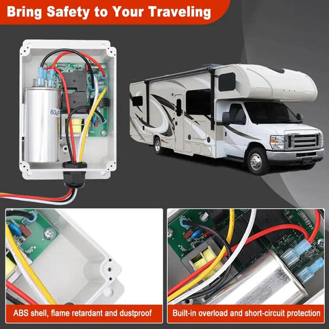 AC Capacitor Soft Start Control Kit For Coleman Mach Air Conditioners reduces startup surge and noise, RV shown