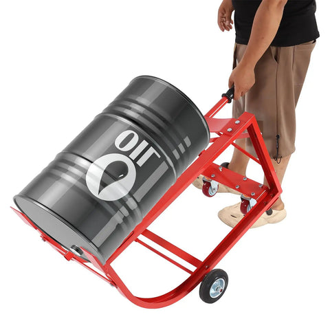 Heavy Duty 55 Gallon Drum Cradle With 600 Lb Capacity And Sturdy Steel Build Perfect For Moving Barrels Around The Shop Using Easy Drawbar Design, carrying a drum.