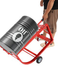 Beefy Steel Drum Cradle With Dependable Rolling Wheels And Fold Back Dump Bar For Serious Fifty Five Gallon Vessel Hauling and Zero Sweat Liquid Transferring On Any Commercial Site, transporting a full barrel.