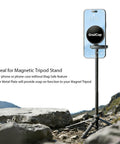 Universal Magnetic Phone Mount Metal Plates Kit on scenic rocks with phone on tripod stand, showcasing use in outdoor setting.