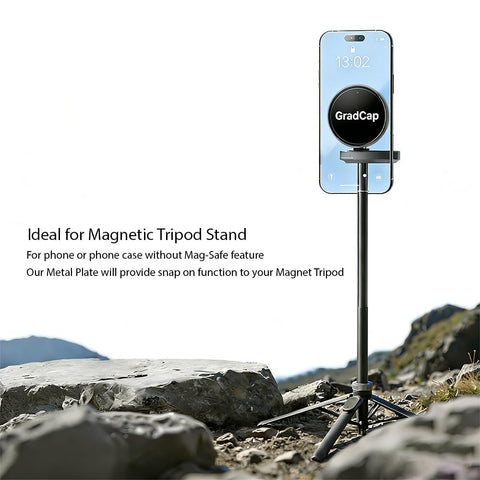 Universal Magnetic Phone Mount Metal Plates Kit on scenic rocks with phone on tripod stand, showcasing use in outdoor setting.
