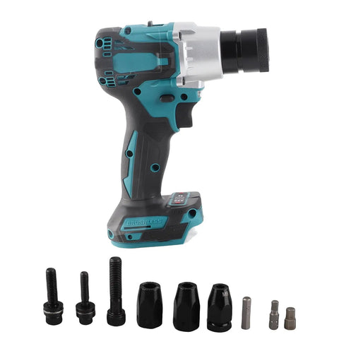 Electric Rivet Nut Gun With Brushless Motor And Adjustable Speed showing side view, includes multiple rivet nut sizes and accessories.