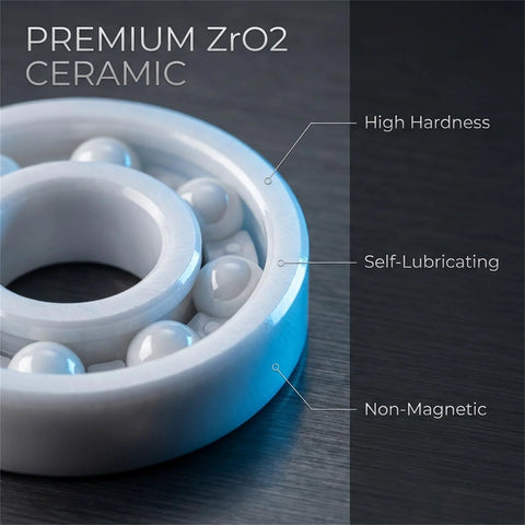 Front view of 2x 608 ZrO2 full ceramic ball bearings with blue outer race and white ceramic balls.