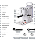20 Bar Professional Espresso Machine With Milk Frother Steam Wand Compact Latte And Cappuccino Maker Adjustable Shot Volume White Finish Perfect Gift For Coffee Lovers with labeled parts