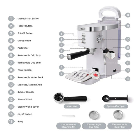 20 Bar Professional Espresso Machine With Milk Frother Steam Wand Compact Latte And Cappuccino Maker Adjustable Shot Volume White Finish Perfect Gift For Coffee Lovers with labeled parts