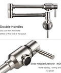 Stainless Steel Pot Filler Faucet Wall Mount With Dual Joint Swing Arm, Cold Water Only, Double Lever Handle close-up image.