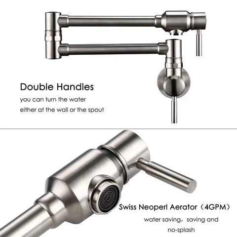 Stainless Steel Pot Filler Faucet Wall Mount With Dual Joint Swing Arm, Cold Water Only, Double Lever Handle close-up image.
