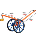 Heavy Duty Steel Manhole Cover Lifter Cart With Magnetic Skid Rollers And 27 Inch All Terrain Wheels dimensions with an orange frame and blue wheels.