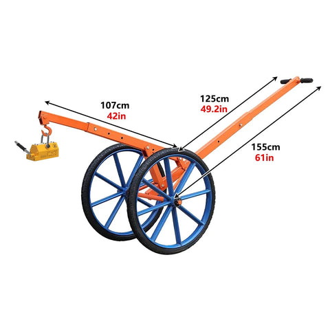 Heavy Duty Steel Manhole Cover Lifter Cart With Magnetic Skid Rollers And 27 Inch All Terrain Wheels dimensions with an orange frame and blue wheels.