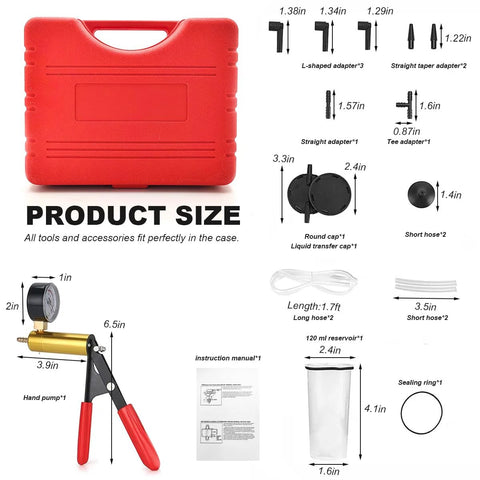 SHMZK hand-held brake bleeder vacuum pump kit with gauge in red case; includes adapters, hoses and reservoir