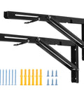 YUMORE 16-Inch folding shelf brackets, black heavy-duty L-brackets with mounting screws and wall anchors, pack of 2