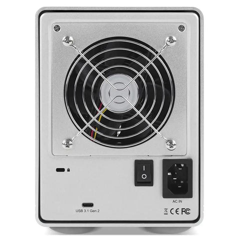 Back view of Rock Solid 10Gb USB C RAID Storage Enclosure showcasing cooling fan and USB 3.1 Gen 2 port.